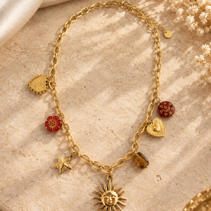 Collier charms soleil et cœur