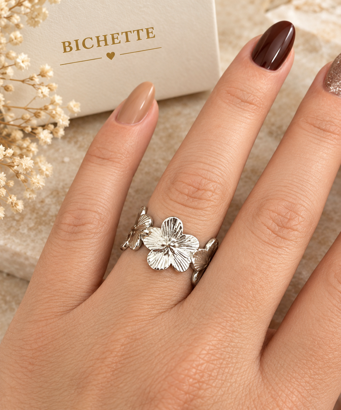 Bague Fleur en Acier Inoxydable argent